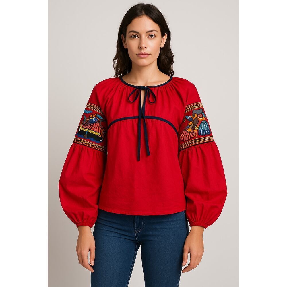 Rare Stella Jean Italy Runway Embroidered Folk Art Balloon Sleeve Top Red 42